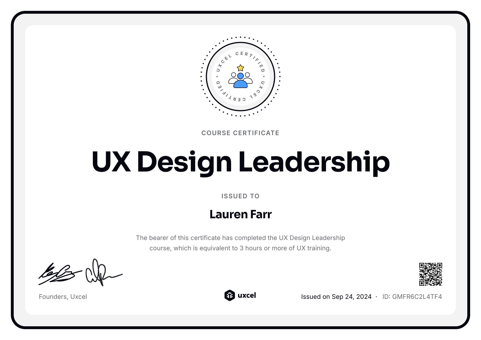 Lauren Farr's certificate